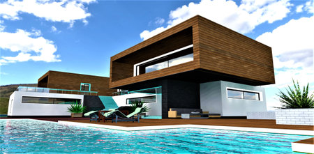 Beautiful turquoise water in the swimming pool in the yard of the private villa with combined facade finishing. Comfortable furniture in the relax zone. 3d rendering.の写真素材