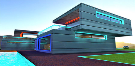 Bright glowing window frames of the stylish country cottage in the morning against the rising sun behind the mountains. 3d rendering.の写真素材