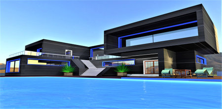 Sunny morning. Amazing villa with pool. Stylish long balcony above the entrance to the building. Blue elements of the day illumination. 3d rendering.の写真素材