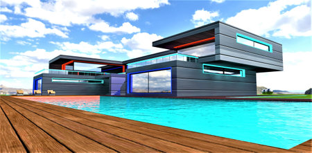 Design of the eco-friendly decking near the swimming pool in the yard of the upscale private mansion with illuminated exterior. 3d rendering.の写真素材