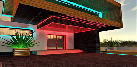 Entrance to a house illuminated in red at night. Turquoise glowing decoration elements of the windows. Contemporary balcony finished with facade board above. 3d rendering.の写真素材
