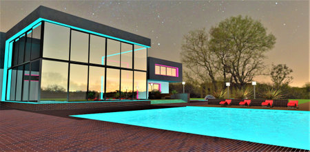 Quiet calm environment near the swimming pool in front of the stylish mansion glass facade reflecting the night lights of the distant village. 3d rendering.の写真素材