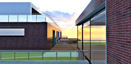 The glass panel fence of the decked open air terrace roof of the upscale country cottage. View of the bright sun behind clouds between brick walls. 3d rendering.の写真素材