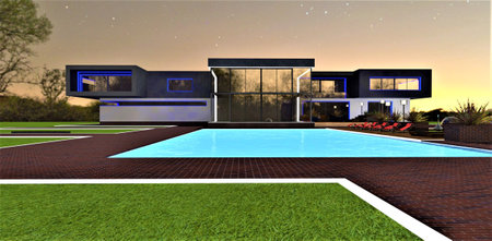 Empty territory of the luxury estate at night. Glowing blue pool surface in front of the glass facade building. White illuminated border limiting the red brick tile pavement. 3d rendering.の写真素材