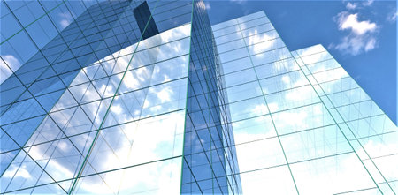 Design of the upscale business center. Bottom view of the glass facade. Reflection of the cloudy day environment. 3d rendering.の写真素材
