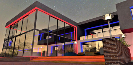 Red and blue neon illumination of the glass exterior of the modern mansion design by popular architect in minimalist style. 3d rendering.の写真素材