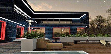 Comfortable sofa in the rest zone with decked floor in the yard of the upscale private mansion finished with solar panels at night. 3d rendering.の写真素材