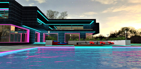 Barely noticeable waves on the surface of the pool, reflecting the neon illumination of the facade of a chic modern mansion built according to an individual project. 3d rendering.の写真素材