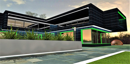 White and green combination as a night illumination of the contemporary home designed by a young talented architect. Twilight view. 3d rendering.の写真素材