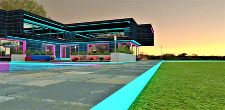Large lawn limited by white luminous border of the granite walkway on the territory of the private...