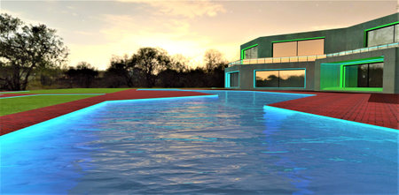 Luminous surface of the stunning swimming pool in front of the entry with illuminated steps to the suburban estate built in the eco-friendly village. 3d rendering.の写真素材