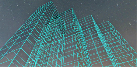 Impression of the glass absence. View from below of the contemporary skyscraper against the night starry sky. Turquoise parallel lines. 3d rendering.の写真素材