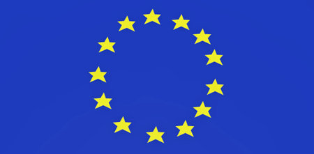 How will the flag of the European Union change after the entry of Ukraine. 13 yellow stars instead of 12 on a blue background. A good illustration for an article on geopolitics in Europe. 3d rendering.の写真素材