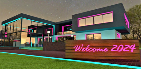 Welcome 2024. Pink glowing inscription on the wooden stand in front of the entrance to suburban illuminated house at night. Suitable greeting card for New Year. 3d rendering.の写真素材