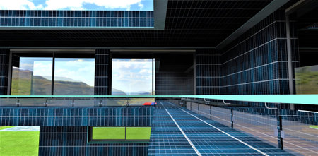 A look inside a shady balcony with large glass sliding doors. The walls are finished with photovoltaic panels. Reliable and aesthetic glass-metal fencing. 3d rendering.の写真素材