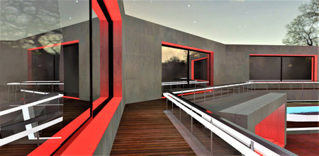 Long narrow terrace along the facade. Wooden floor and glass fence with glowing white rails. Amazing starry night sky above the building. 3d rendering.の写真素材
