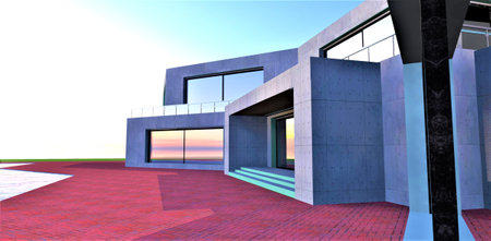 Bright white light falls down on the concrete facade of the awesome country mansion. Large mirrored windows reflect the clear environment. View of the exit to the pool in the yard. 3d rendering.の写真素材