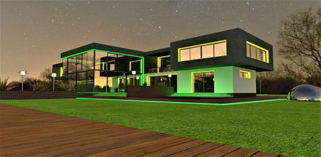 View from decked walkway on the lawn of the upscale country dwelling with glowing facade elements. Amazing starry night on the background. 3d rendering.の写真素材
