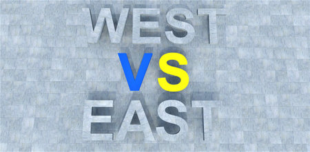 West vs East. Concrete text and background. VS os written in blue and yellow as the war is going on in Ukraine. Good illustration for political articles. 3d rendering.の写真素材