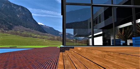 Wooden steps of the porch. Amazing glass facade in front of the picturesque mountains landscape. Red brick tile pavement. 3d rendering.の写真素材