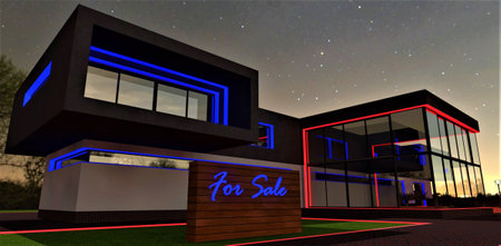 Blue neon advertisement For sale of the wooden stand near the stunning upscale cottage with glass facade and illuminated exterior elements at night. 3d rendering.の写真素材