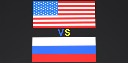 USA vs Russia. Two flags on the black background as a symbol of war. VS is written in blue and...
