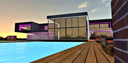 Eco-friendly decking along the swimming pool. Amazing suburban estate with glass exterior and luminous facade elements at the night time. 3d rendering.の写真素材