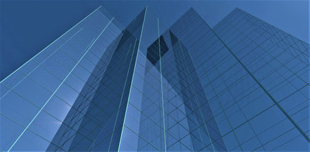 Bottom view of the newly built upscale office building with glass facade reflecting bright blue sky. Sharp parallel lined makes a positive impression for the potential clients. 3d rendering.の写真素材