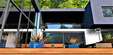Stylish balcony glass railing with steel fittings and chrome railings. Reflection of a mountain landscape on a shiny surface. 3d rendering.の写真素材