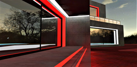 Sliding glass door reflecting old tree against the night sky. Red illumination of the steps. Brick tile pavement. Fenced terrace above. 3d rendering.の写真素材