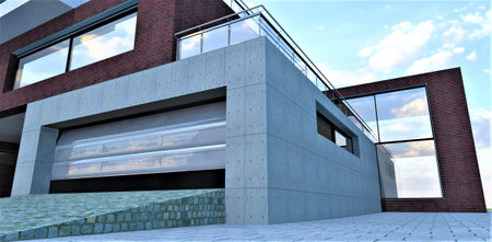 Opening aluminum garage gate of the contemporary mansion with combined finishing. Exclusive individual design made by a team of skilled architects. 3d rendering.の写真素材
