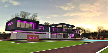 Newly built suburban townhouse for sale. night view. Suitable illustration for real estate websites. 3d rendering.の写真素材
