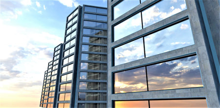 Several low-rise apartment buildings against the cloudy sky in the morning. Concrete facade finishing looks nice with large mirrored windows. 3d rendering.の写真素材