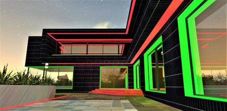 Combined illumination of the stylish contemporary house facade. Green ana red glowing window frames against the starry night sky. View of the entrance to the building. 3d rendering.の写真素材