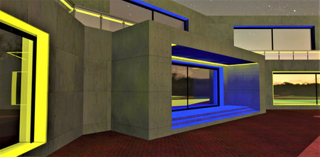 Illustration of stylish porch at night. Blue yellow facade illumination of the concrete exterior. Red brick tole paved floor. 3d rendering.の写真素材