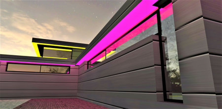 Individually designed long narrow window on the aluminum facade. Looks nice with exterior illumination at night. Modern trends in suburban construction. 3d rendering.の写真素材