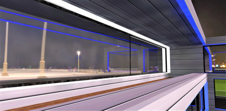 Nice balcony with large mirrored glass sliding doors reflecting night street lights. Elegant blue LED illumination looks especially good with aluminum facade. 3d rendering.の写真素材