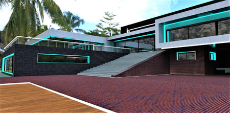 Large old palm tree behind the upscale country villa recently constructed according to the exclusive design managed by famous engineer. 3d rendering.の写真素材