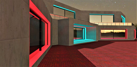 Illuminated entrance to a stunning country cottage built according to the special design. night view. Concrete facade with glowing elements. 3d rendering.の写真素材