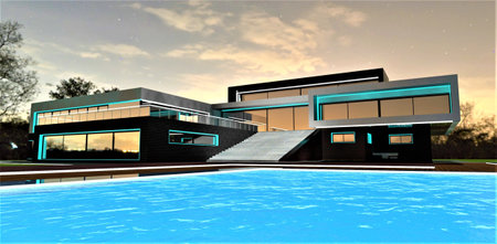 Huge swimming pool under the night cover. Wide concrete staircase up to the terrace of the exclusive modern mansion designed by the skilled team of young engineers. 3d rendering.の写真素材