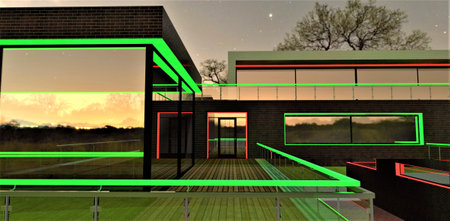 Green and red combined illumination at night. Glowing frame door at the end of the decked terrace with glass fence of the upscale country mansion. 3d rendering.の写真素材