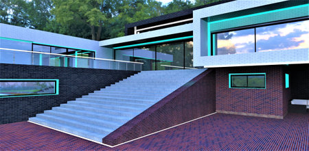 Climb of the wide concrete stairs to the terrace fenced with glass panels. Combined brick tile facade finishing. Large tree on the background. 3d rendering.の写真素材