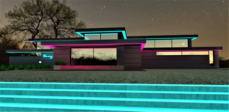 Turquoise fluorescent paint as a night decor of the staircase and facade of the contemporary country house. Suitable designer's decision for decoration of the estate. 3d rendering.の写真素材