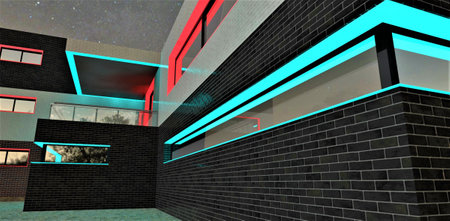 Black brick tile as finishing of the contemporary house walls. Looks nice with turquoise illuminated window elements at night. 3d rendering.の写真素材