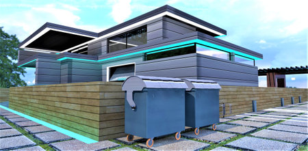 Two metal garbage containers on the concrete slabs pavement near the low wooden wall on the territory of the upscale estate with elegant day illumination. 3d rendering.の写真素材