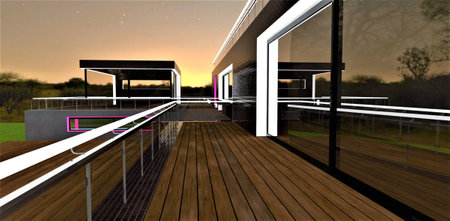Night view of the stylish decked balcony fenced with glass panels and glowing rails. Large sliding mirrored door reflecting the dark suburban environment. 3d rendering.の写真素材