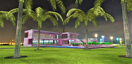Night idyll among palm trees. A look at an incredibly beautiful new house on the outskirts of the city. Elegant night illumination. 3d rendering.の写真素材