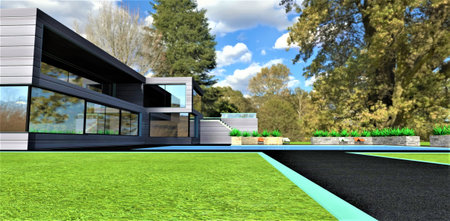 Black asphalt walkway on the green well-groomed lawn on the territory of the upscale dwelling located in the amazing suburban park. 3d render,の写真素材