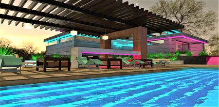 Cozy environment in the furnished patio near the swimming pool with glowing steps visible under the water. Modern suburban house illuminated at night is on the background. 3d rendering.の写真素材