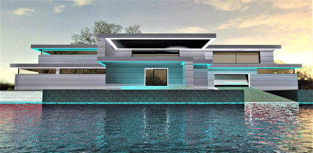 Exclusive house in Norway constructed on the bay shore. Concrete steps to the water. Boat ramp garage with lifting gate. Excellent place for living and fishing. night view. 3d rendering.の写真素材